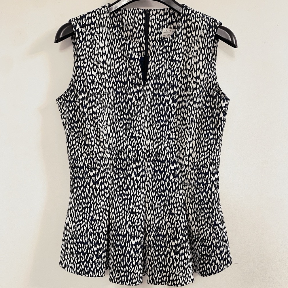 PAUW Amsterdam Navy Blue Cream Leopard Peplum Top Large L